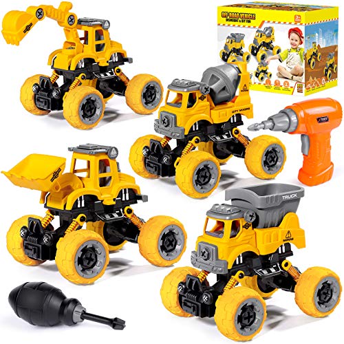 LUDILO 4PCS Take Apart Toys for 4 Year Old Boys Construction Toys with Electric Drill DIY Assembly Building Stem Toys Trucks Gifts for 3 4 5 6 7 8 Year Old Boys Girls Kids Learning Educational Toys