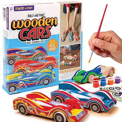 Made By Me Build & Paint Your Own Wooden Cars - DIY Wood Craft Kit, Easy To Assemble and 3 Race – Arts Crafts Kit for Kids Ages 6 And Up, Multicolor, Medium