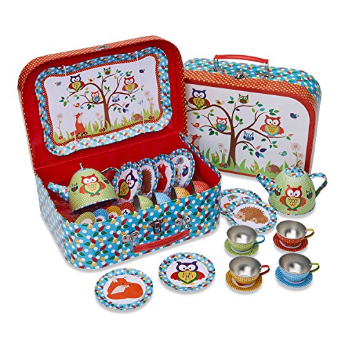 Lucy Locket 'Woodland Animals' Metal Tea Set & Carry Case Toy (14 Piece Tea Set for Children) Red, Blue, Green Tea Set Toy