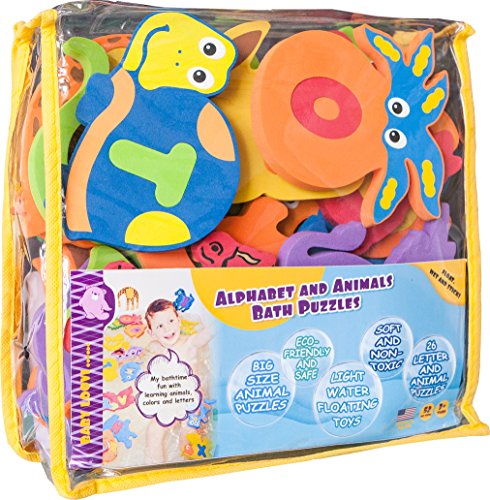 100% Non-Toxic Foam Bath Toys - Premium Educational Floating Bathtub Preschool Alphabet Letters Animals - Fun Bathing for Baby Toddlers Kids Girls Boys - Set 26 Puzzles - 52 Items