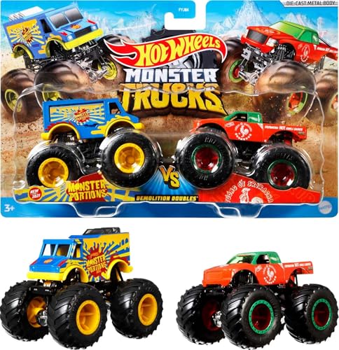 Hot Wheels Monster Trucks 2-Pack, Demolition Doubles Set of 2 Toy Vehicles in 1:64 Scale, for Kids & Collectors (Styles May Vary)