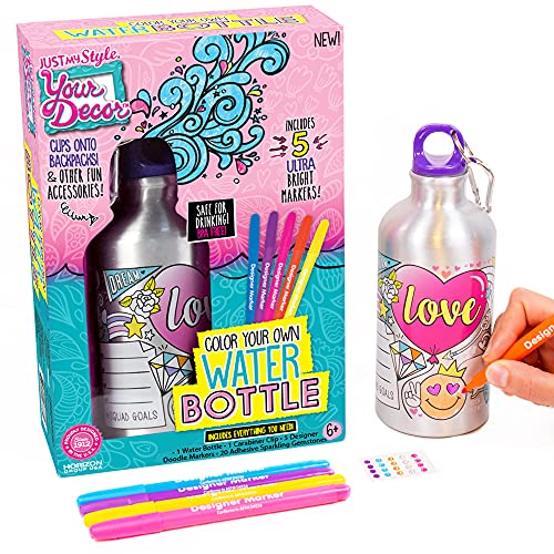 Just My Style Your Decor Color Your Own Water Bottle By Horizon Group Usa, DIY Bottle Coloring Craft Kit, BPA Free Aluminum 18.9fl oz Drinking Water Bottle, Decorate Using Colorful Markers & Gemstones