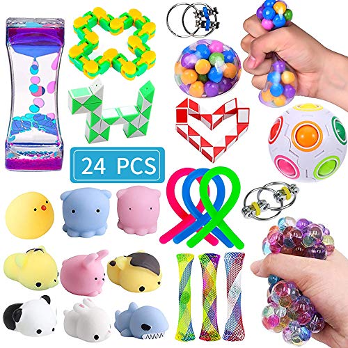 Sensory Fidget Toys Set 24 Pack Stress Relief and Anti-Anxiety Hand Toys for Kids and Adults Calming Toys with Fidget Ball Marble and Mesh Sensory Toys Perfect for Children with ADHD Autism