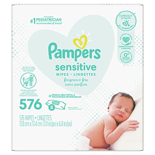 Baby Wipes, Pampers Sensitive Water Based Baby Diaper Wipes, Hypoallergenic and Unscented, Tub Not Included, 72 Count (Pack of 8), Total 576 Wipes - Packaging May Vary