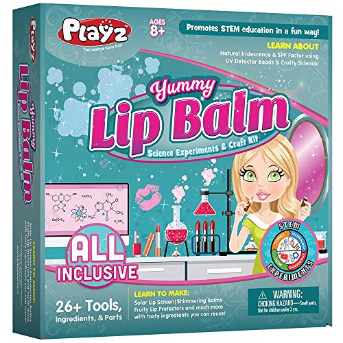 Playz Yummy Lip Balm Makeup Arts & Craft Kit to Create Fruity Lipstick, Shimmering Balms, & Solar Lip Screens Using Science Experiments for Girls, Teens, Teenagers & Kids Ages 8+